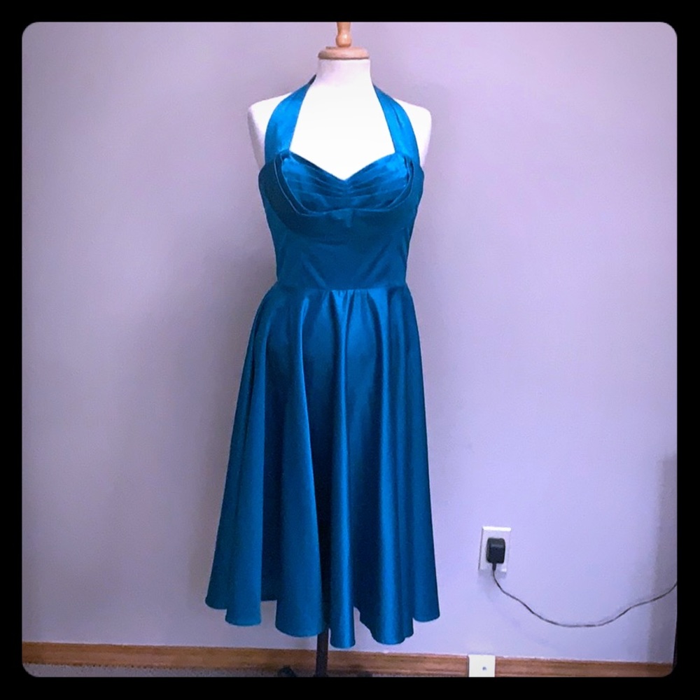 Candace Gwinn halter swing dress turquoise satin